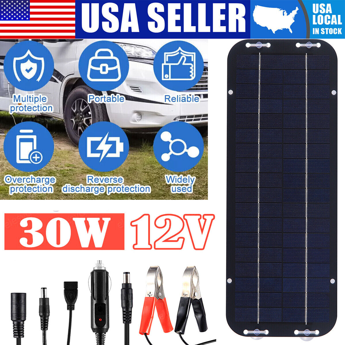 30W Solar Panel 12V Trickle Charger Battery Charger Kit Maintainer Boat RV Car