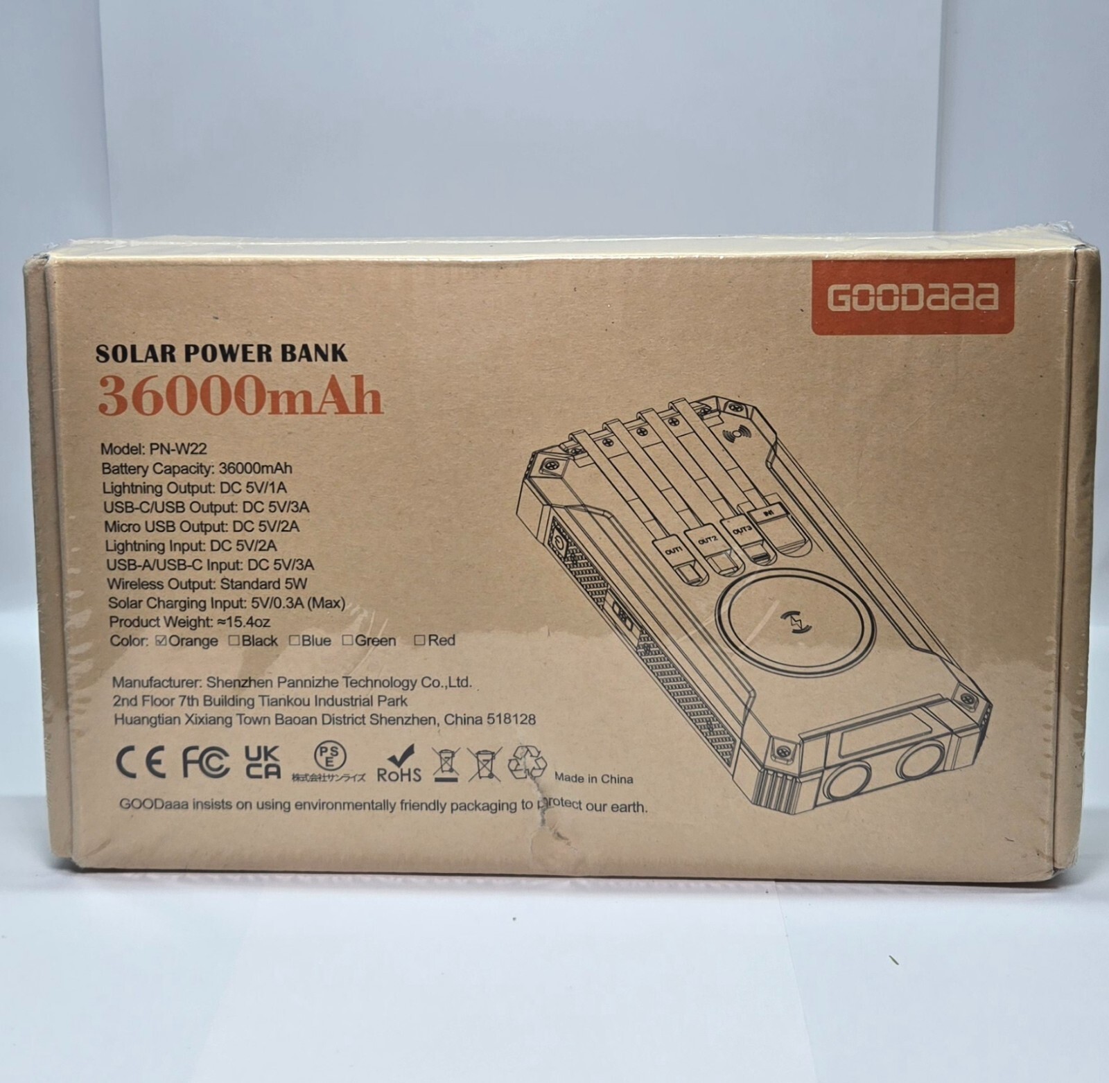 GOODaaa Power Bank Wireless Charger 36000mAh Solar Charger w/ 4 Cables 6 Outputs