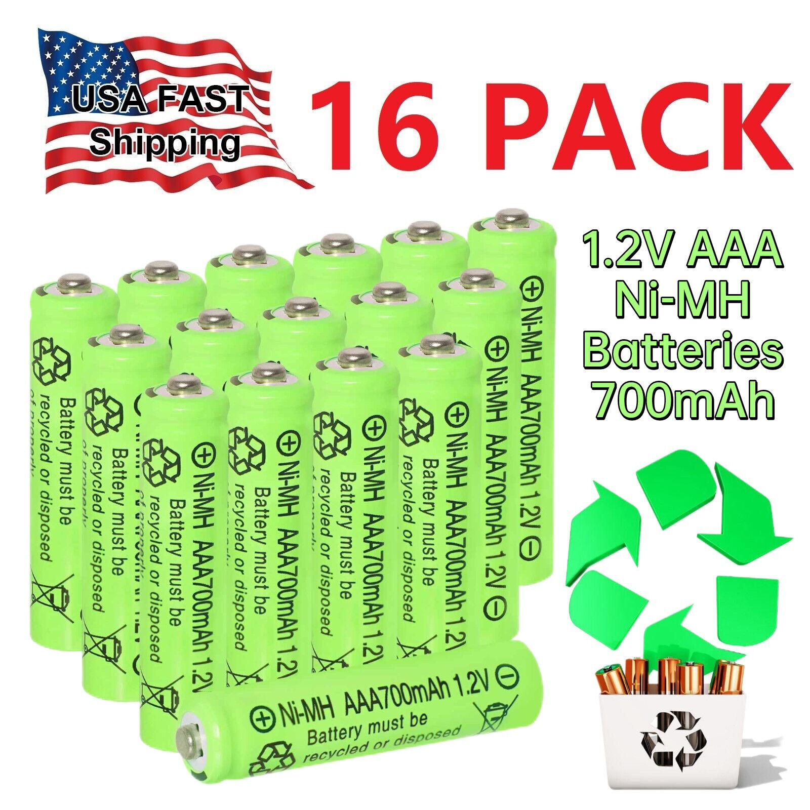 16Pcs 1.2V Ni-MH AAA Rechargeable Batteries 700mAh for Solar Lights PRECHARGED