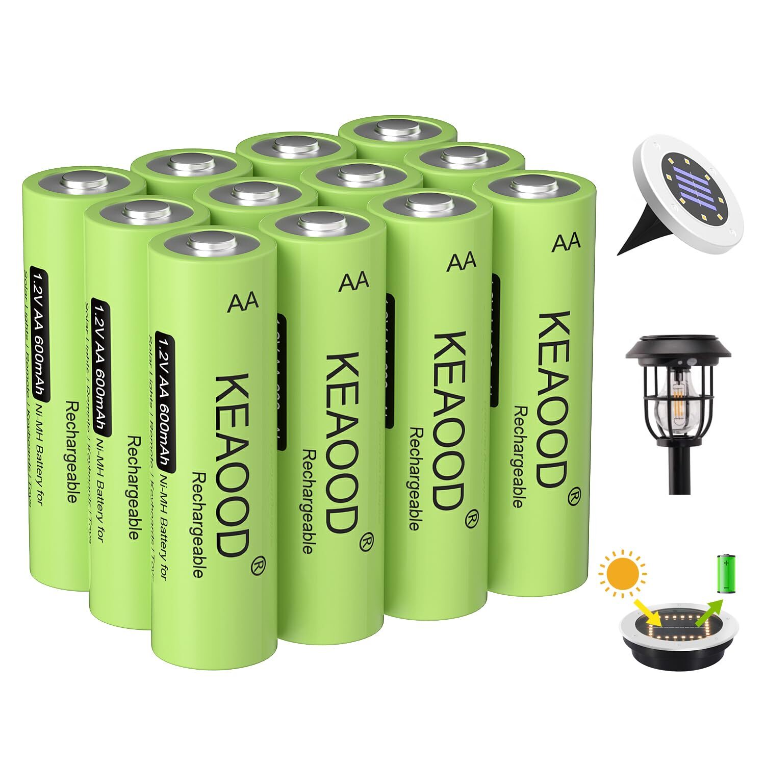 KEAOOD Ni-MH Rechargeable AA Solar Batteries 1.2v Pre-Charged 600mAh Double A…