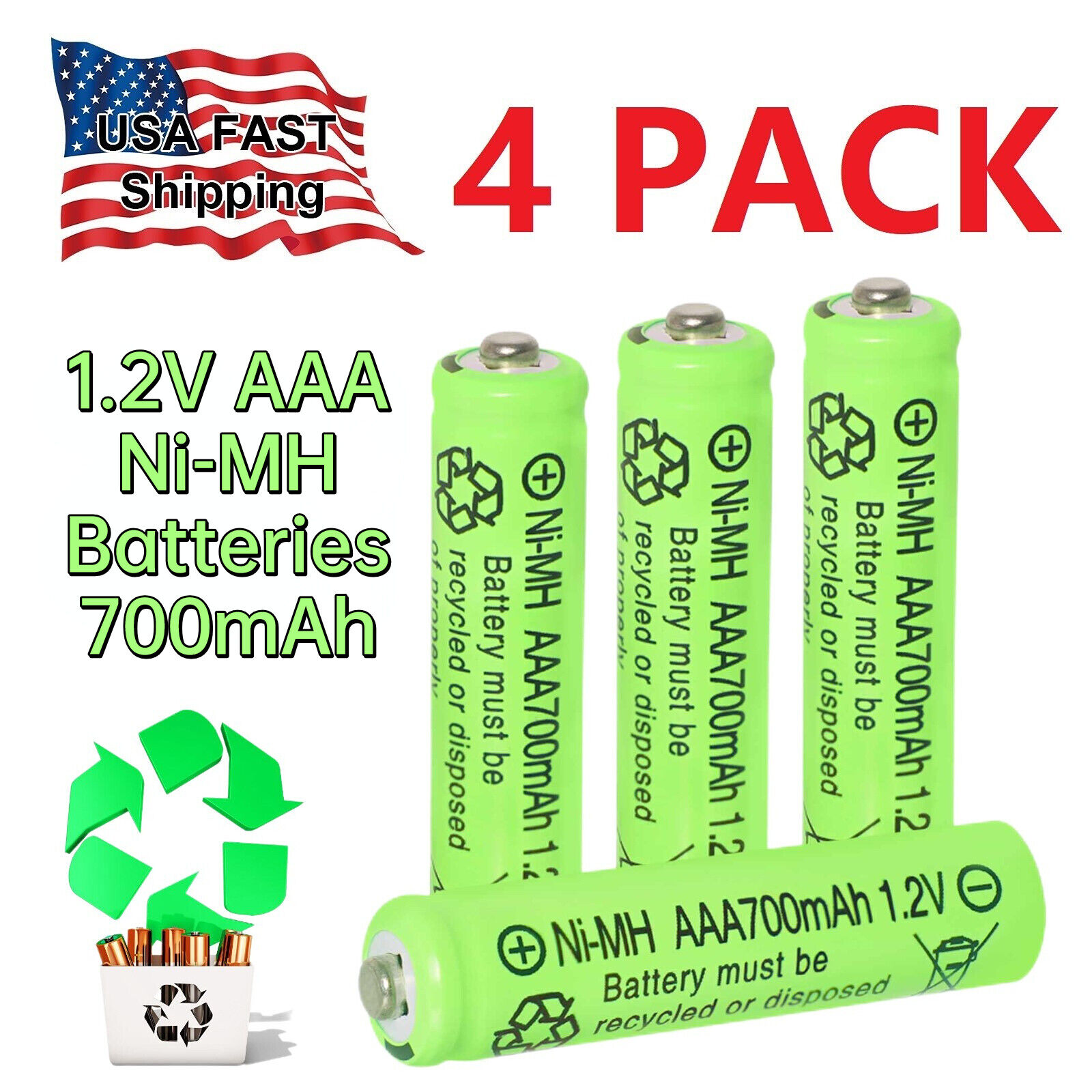 4Pcs Ni-MH AAA Rechargeable Batteries 700mAh 1.2Volt Battery for Solar Light LED