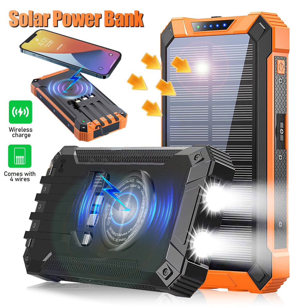 Solar Charger Power Bank 36000mAh 4 Cable & Wireless Charging for iPhone Android