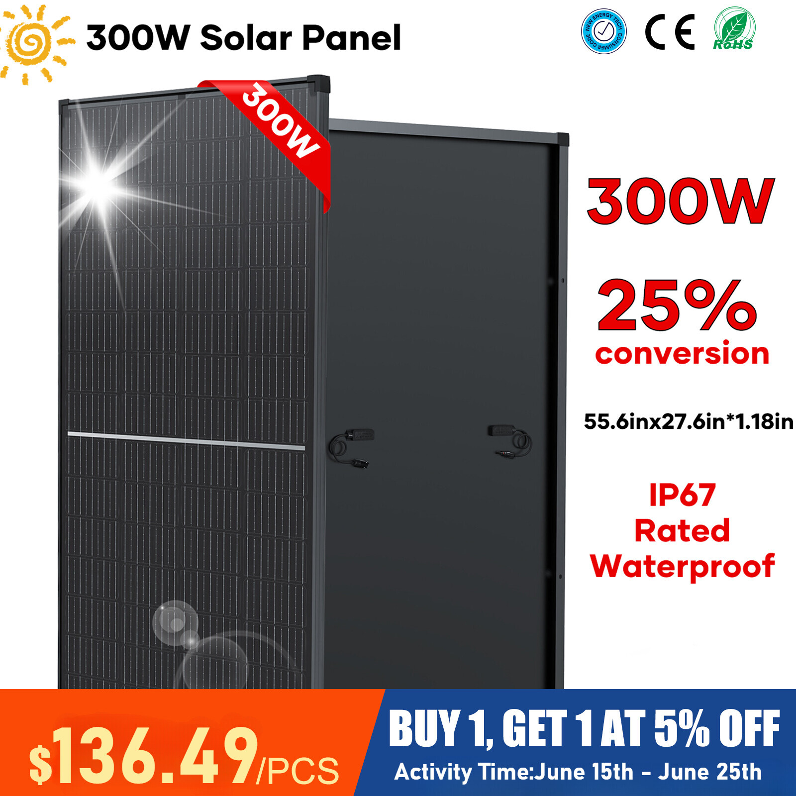 300W Watt Monocrystalline Solar Panel 12V Charging RV Camping Home Off-Grid Boat