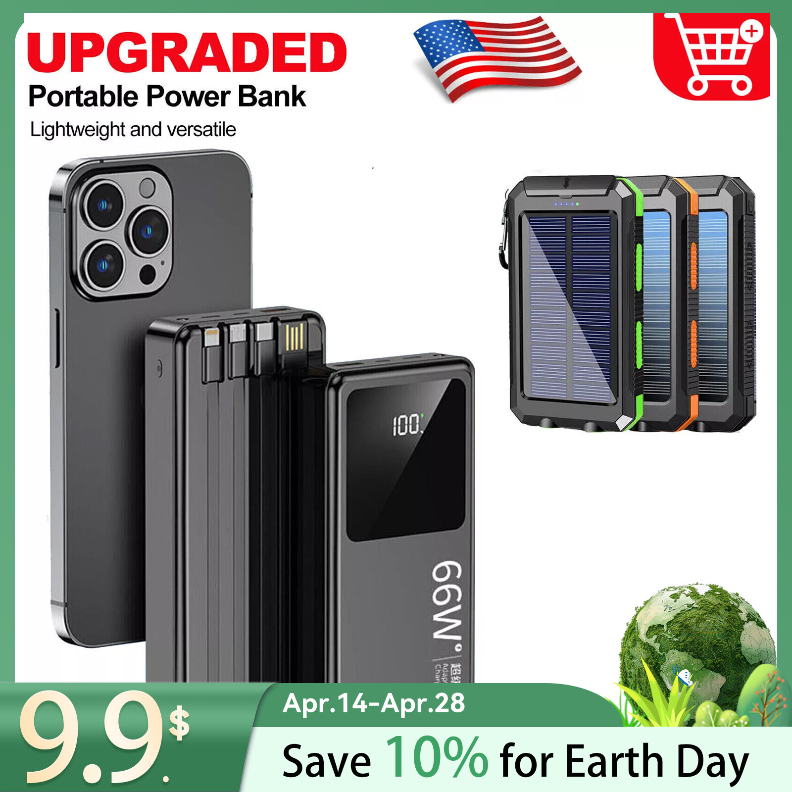 2025 66W 900000mAh Portable Power Bank 4USB External Battery Charger For Phone