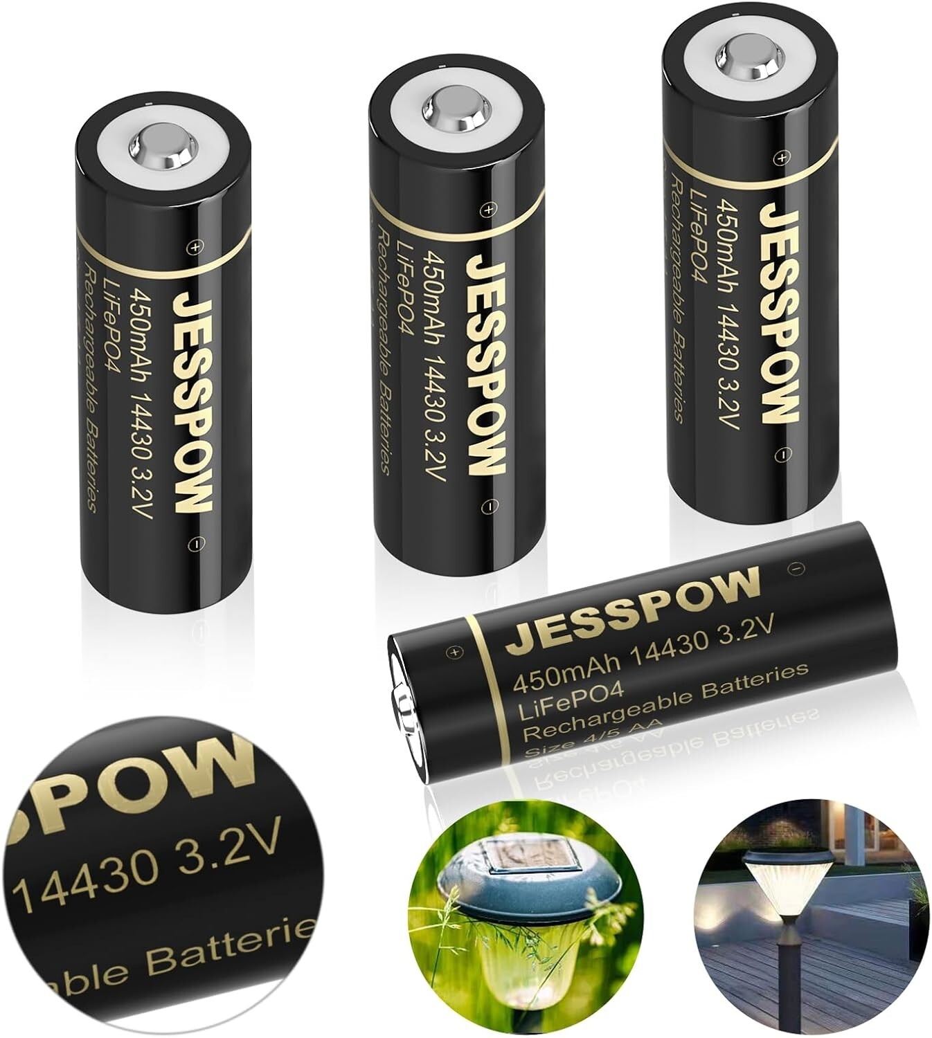 14430 Battery, 14430 3.2V 450mAh LiFePo4 Rechargeable Solar Batteries 4 Pack for