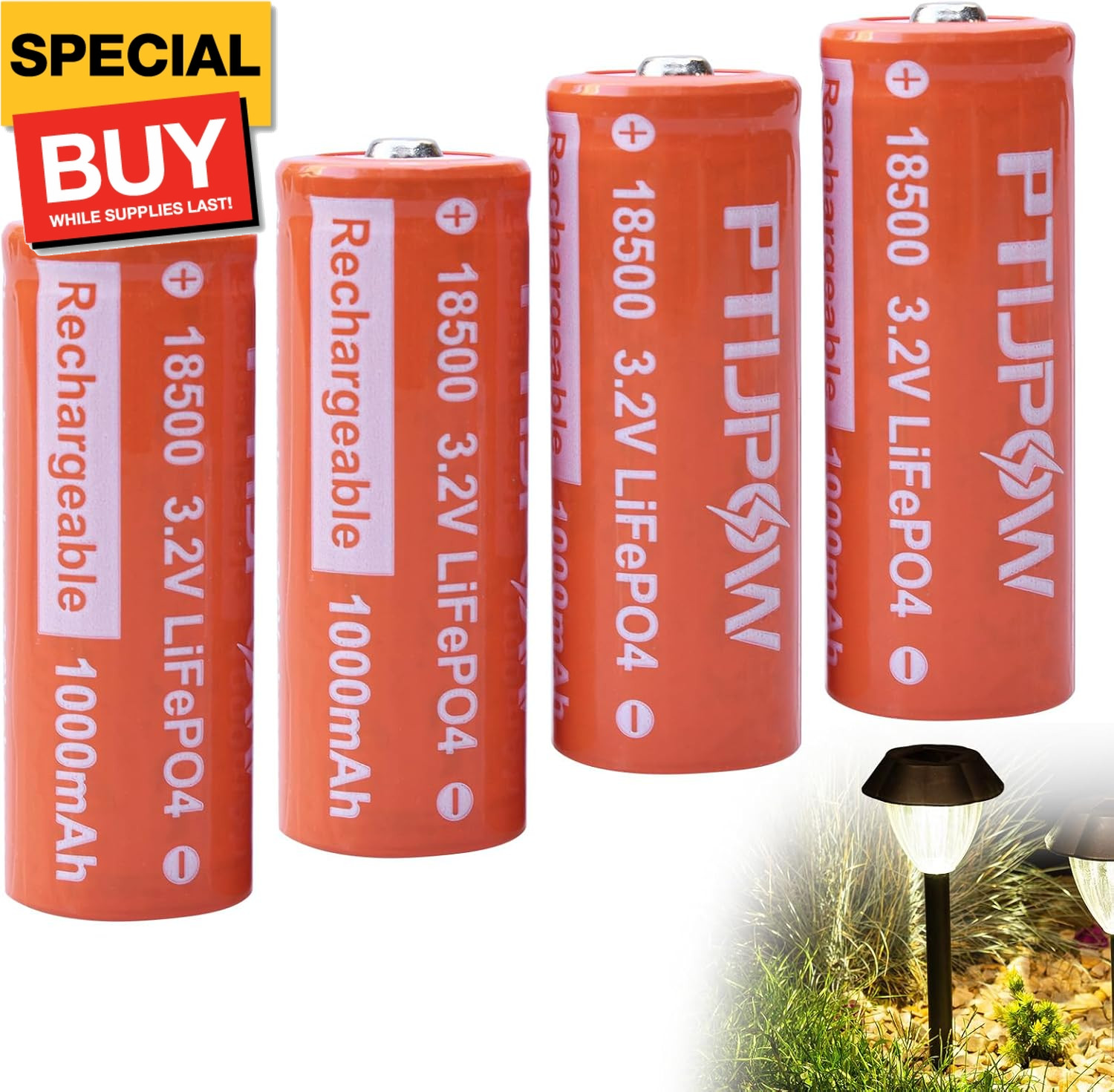 (4-Pack 18500 3.2V LiFePO4 Solar Batteries, 18500 3.2 Volt 1000mAh Lithium Iron