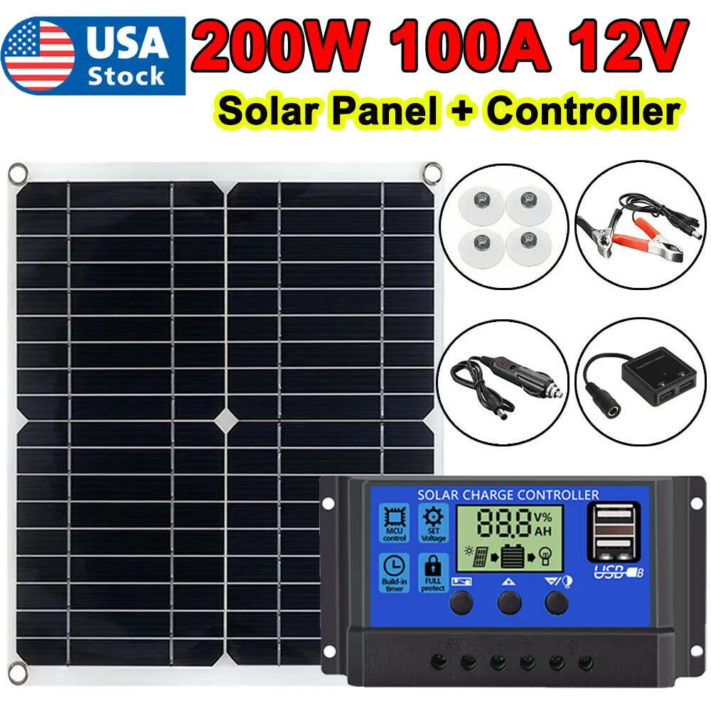 200 Watts Solar Panel Kit 100A 12V Battery Charger w/ Controller Caravan Boat RV
