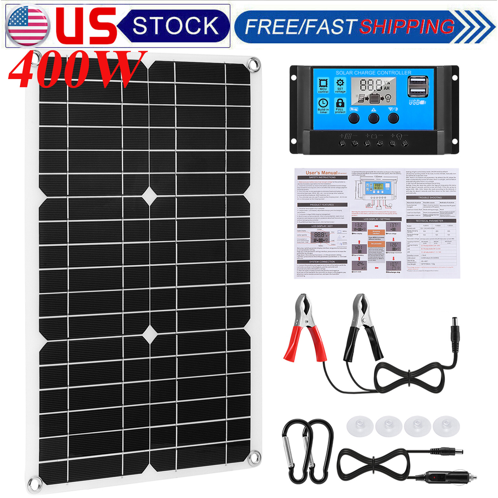400 Watt Solar Panel Kit 12V Charging Off-Grid Battery Power RV Home Boat Camp
