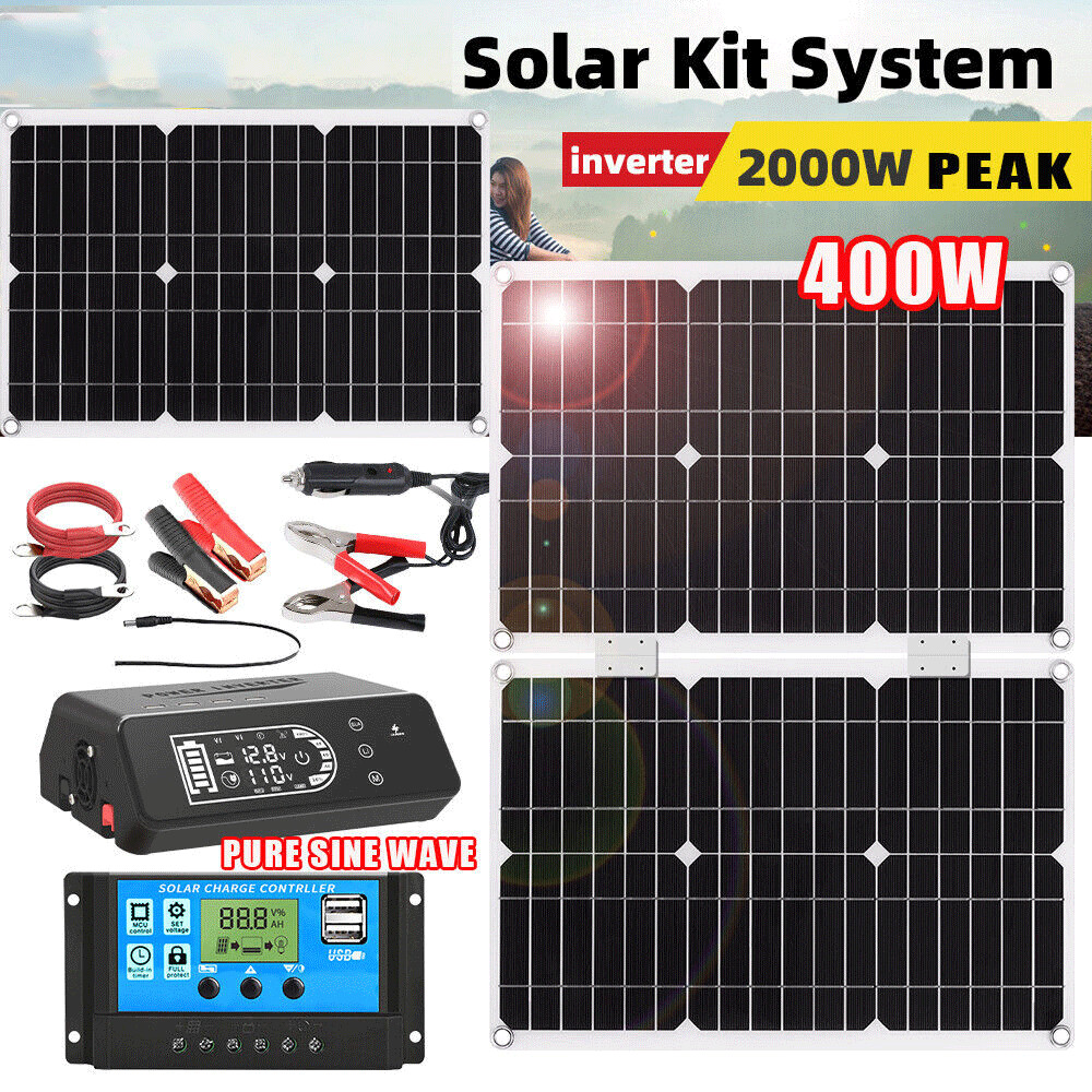 2000 Watts Complete Solar Panel Kit Power Inverter Generator 100A Home Grid 12V
