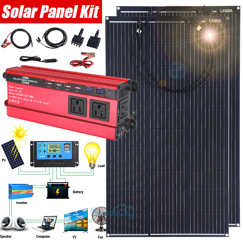 Complete Solar Panel Kit 5000W Power Inverter 12V Battery Charger Controller US