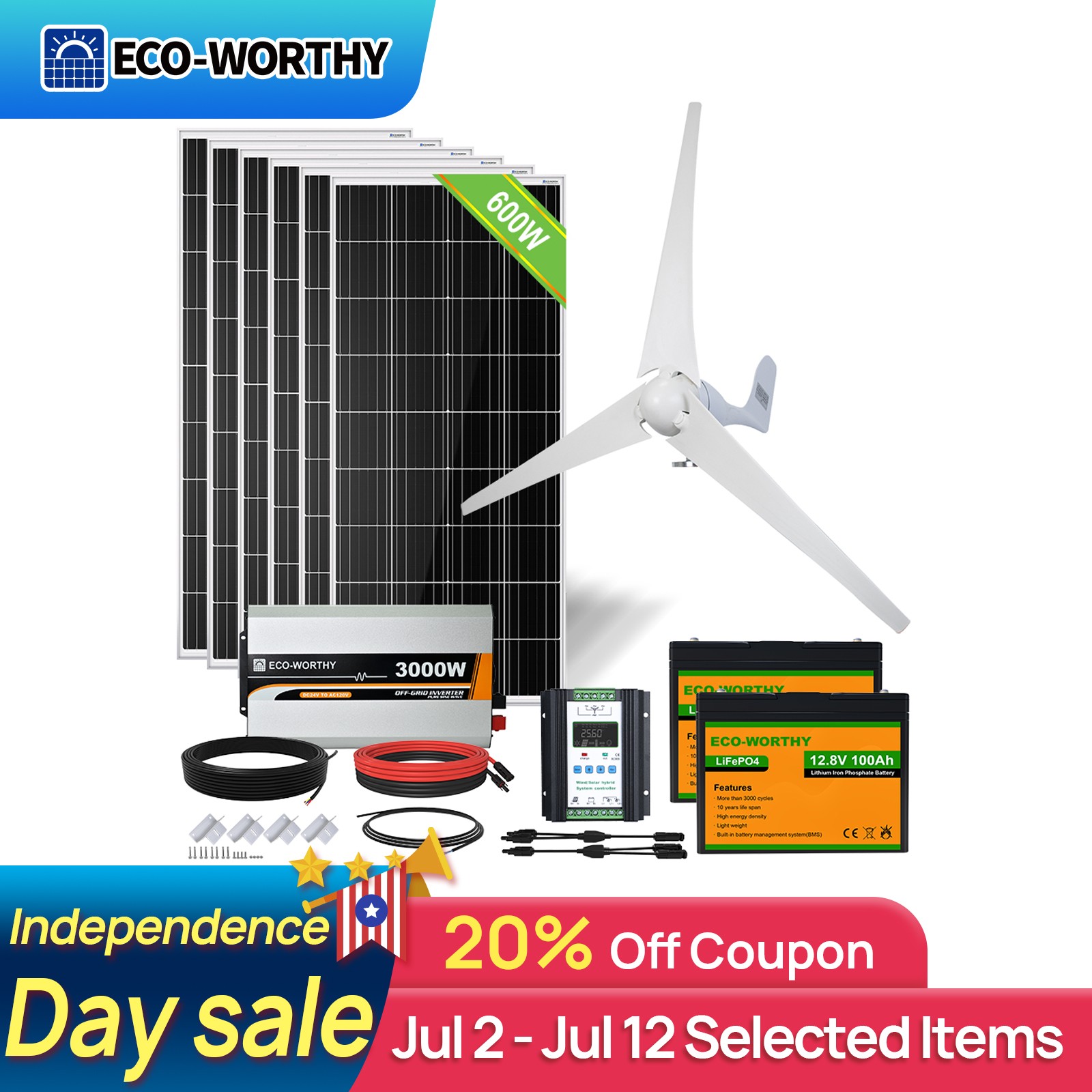 ECO-WORTHY 1000W 600W Wind Turbine Generator & Solar Panel Kit For Home Boat Rv
