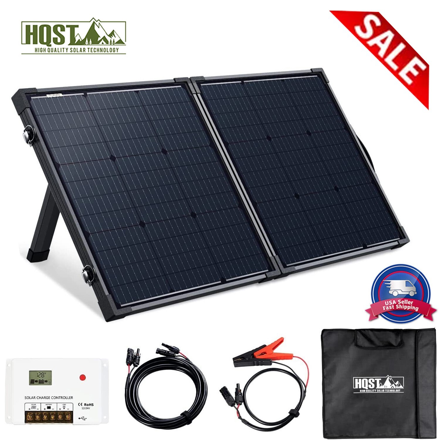 HQST 100 Watt 12 Volt Portable Solar Panel Suitcase w/ 30A PWM Controller