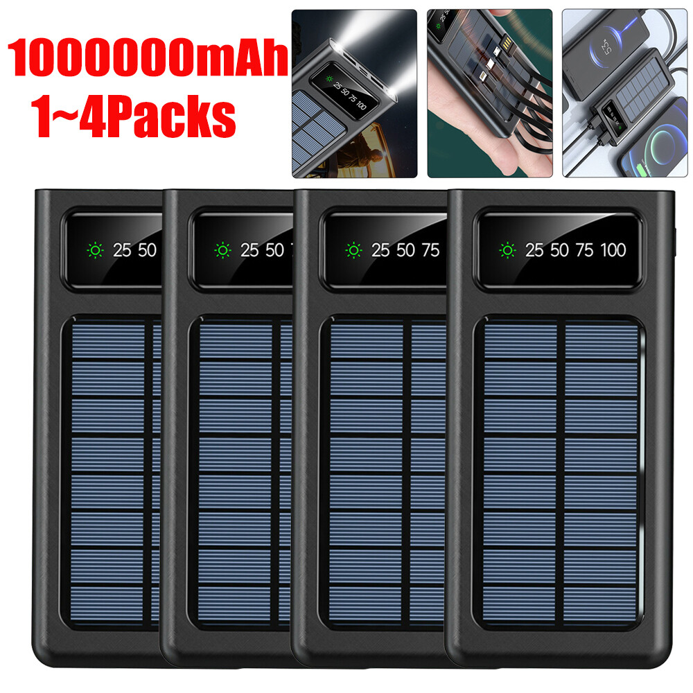 1-4Packs 10000000mAh 4-USB Portable Fast Charger Solar Power Bank For Cell Phone