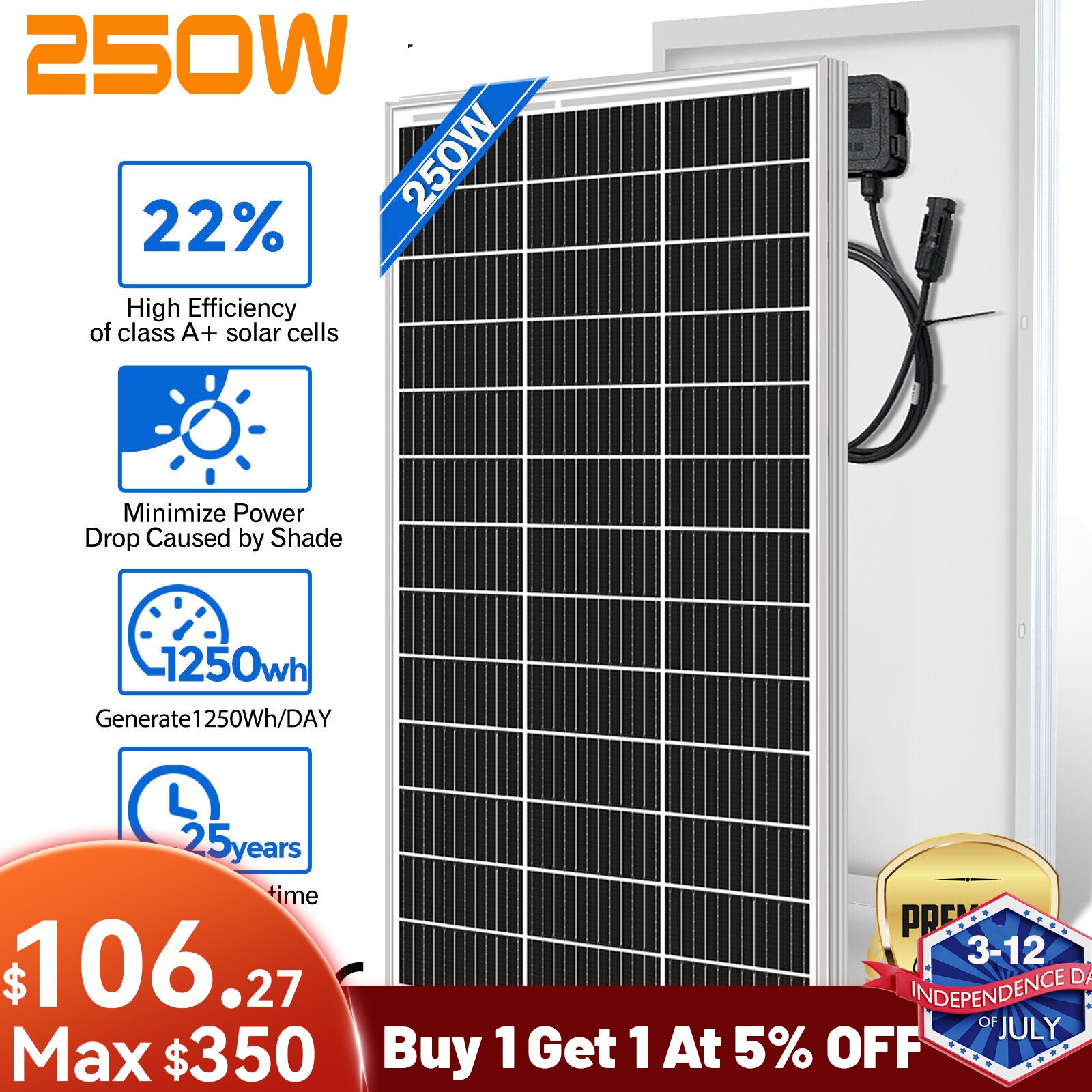 250W Watt 12V Mono Solar Panel 12BB Power RV Camping Home Boat Camp Off Grid New