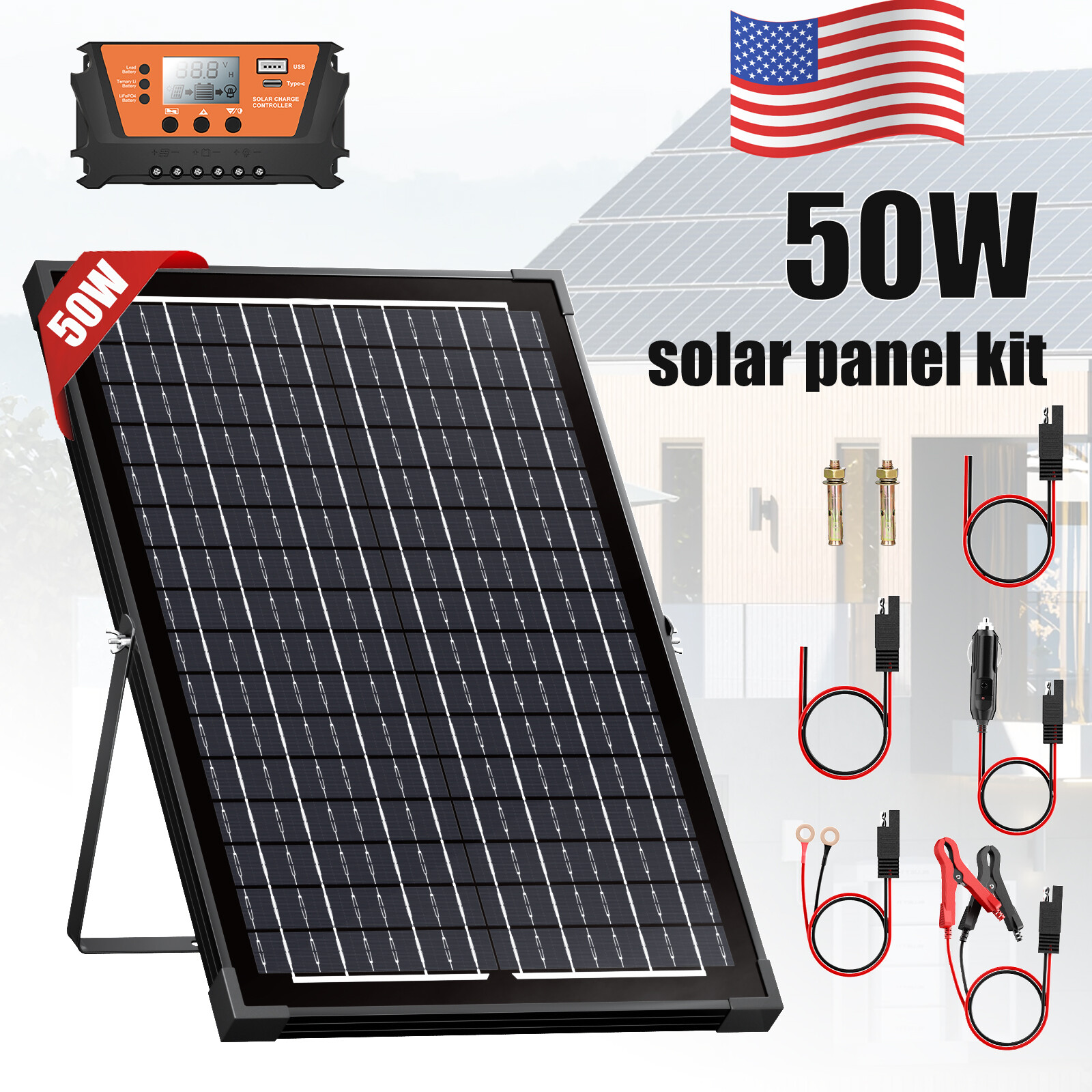 50W Solar Panel Kit Bracket 12V Trickle Battery Charger Maintainer Car RV Boat