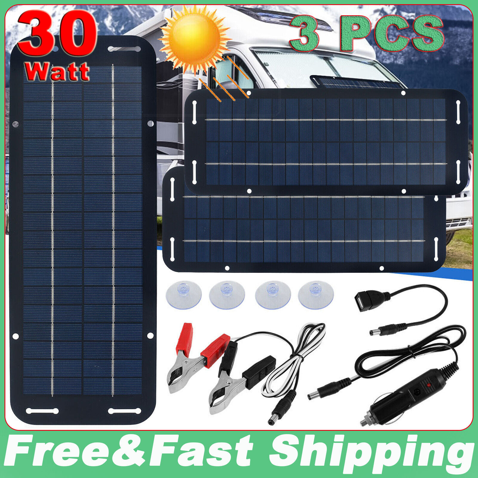 30W Solar Car Battery Charger 12V Volt Solar Panel Kit for Car RV Boat Trailer