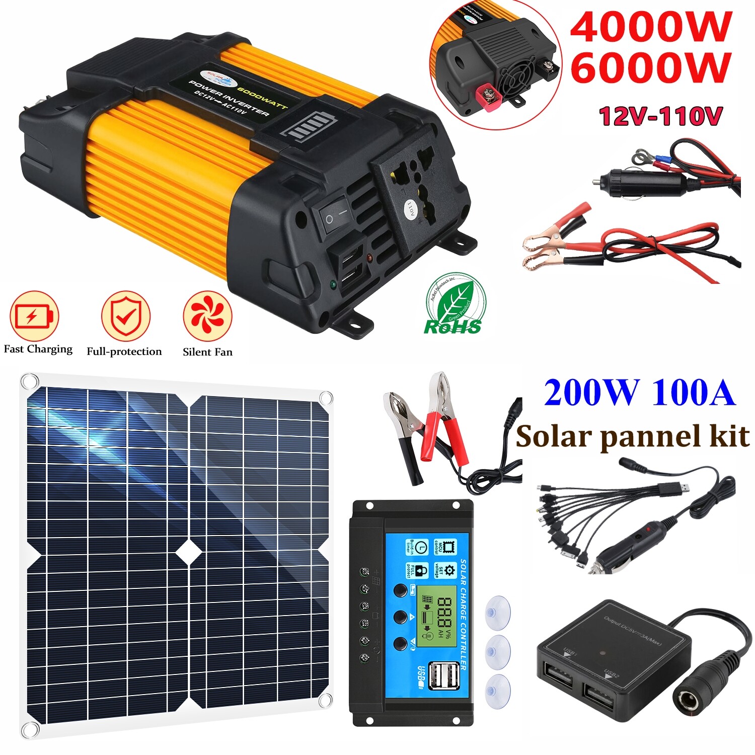 6000W Complete Solar Panel Kit Solar Power Generator 100A Home 110V Grid System
