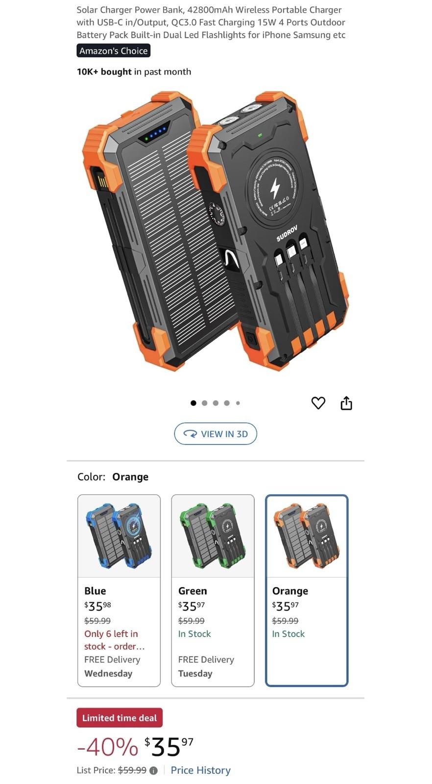 Solar Charger Power Bank, Portable Charger w/ Fast Charge, USB-C, LED Flashlight