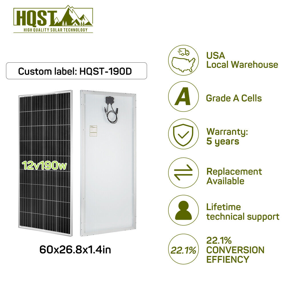 HQST Monocrystalline Solar Panel 100W 190W PV Power RV Boat Home Off Grid