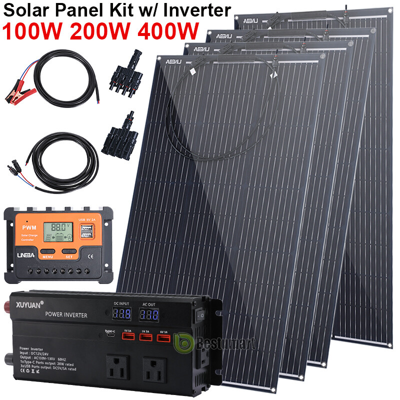 400W Mono Solar Panel Kit w/ Inverter 12V Battery Charger Home Boat RV Off Grid