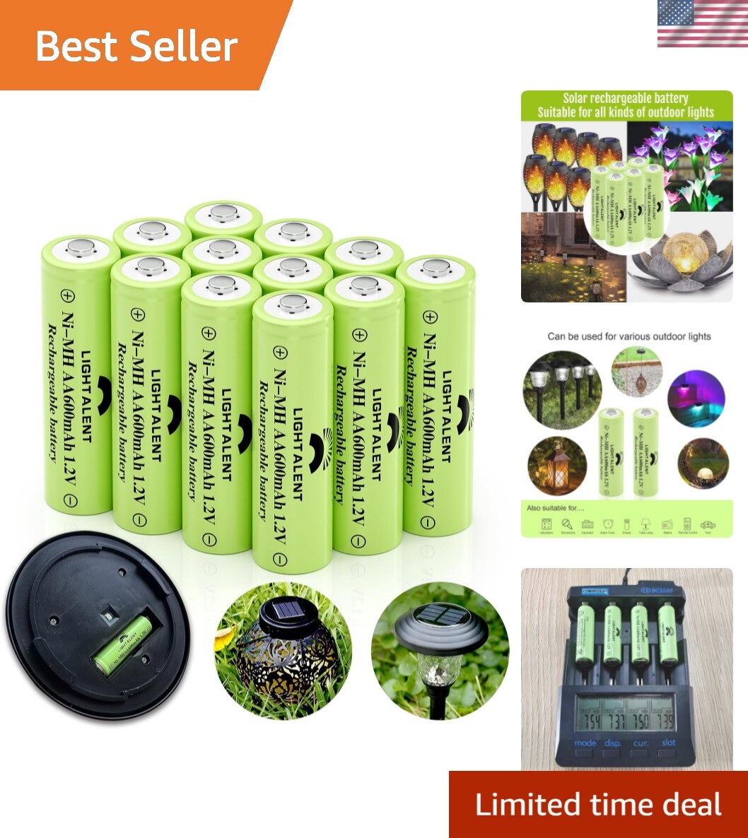 Durable 12-Pack 600mAh AA Batteries – Optimal for Solar String & Pathway Lights