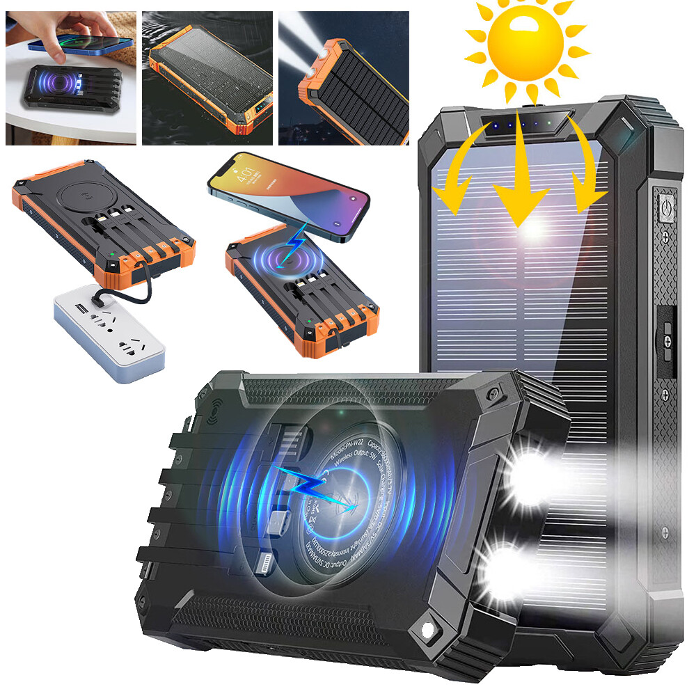 36000mAh Solar Power Bank 15W Fast Charging Wireless Charger w/ 4 Cables LED