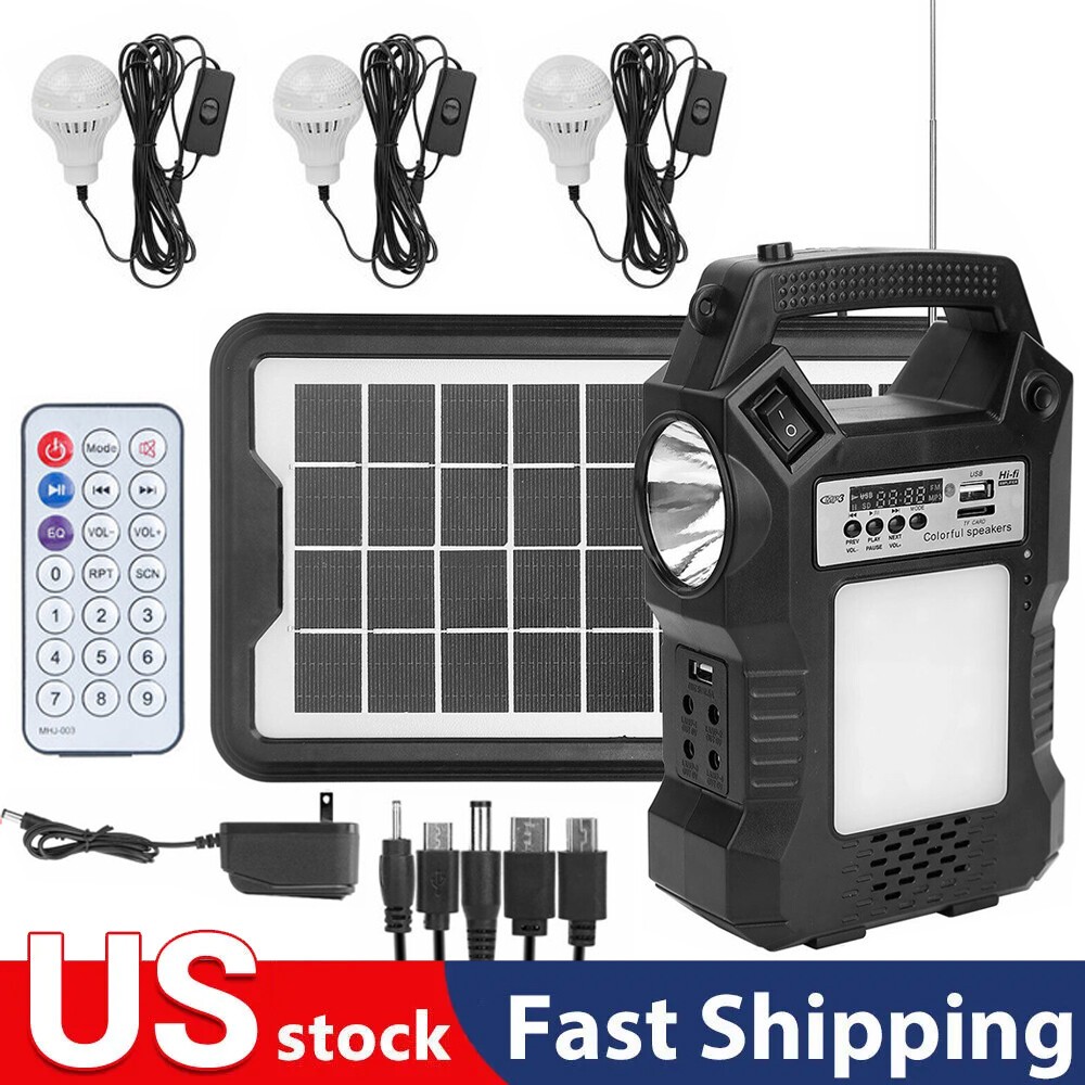 Portable Solar Power Bank Generator Rechargeable w/Flashlight & Lighting Bulbs