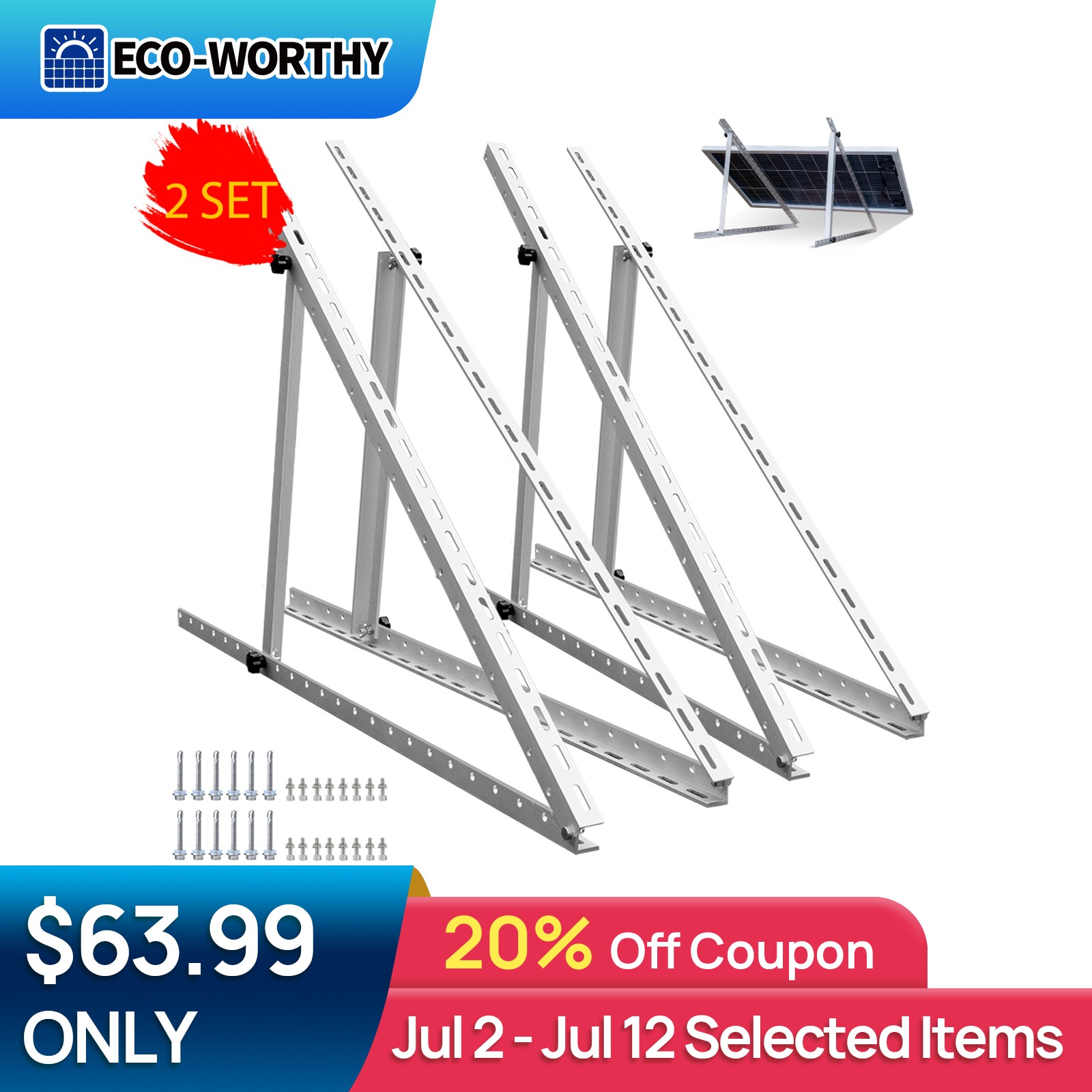 ECO-WORTHY 45 inch Adjustable Solar Panel Tilt Mounting Rack Bracket (2 Set) RV