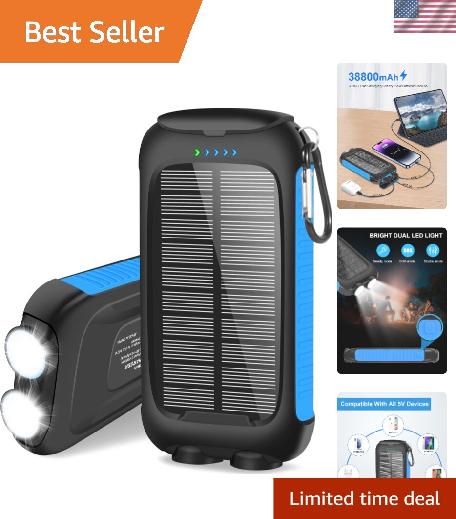 Upgraded 38,800mAh Solar Power Bank – Waterproof, Fast Charge with LED Light