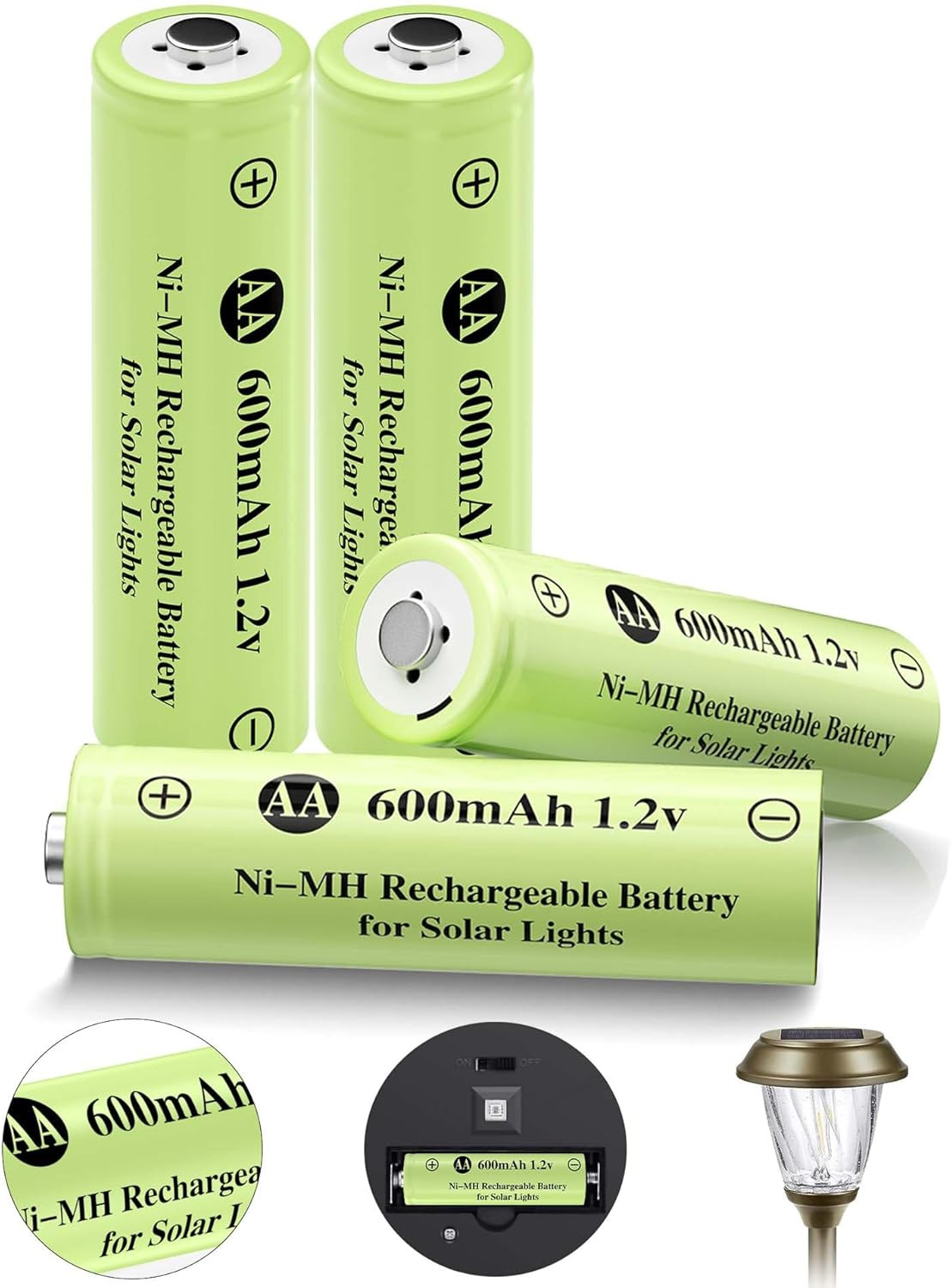 Ni-Mh Rechargeable AA Batteries, AA 600Mah 1.2V Solar Batteries for Garden Lands
