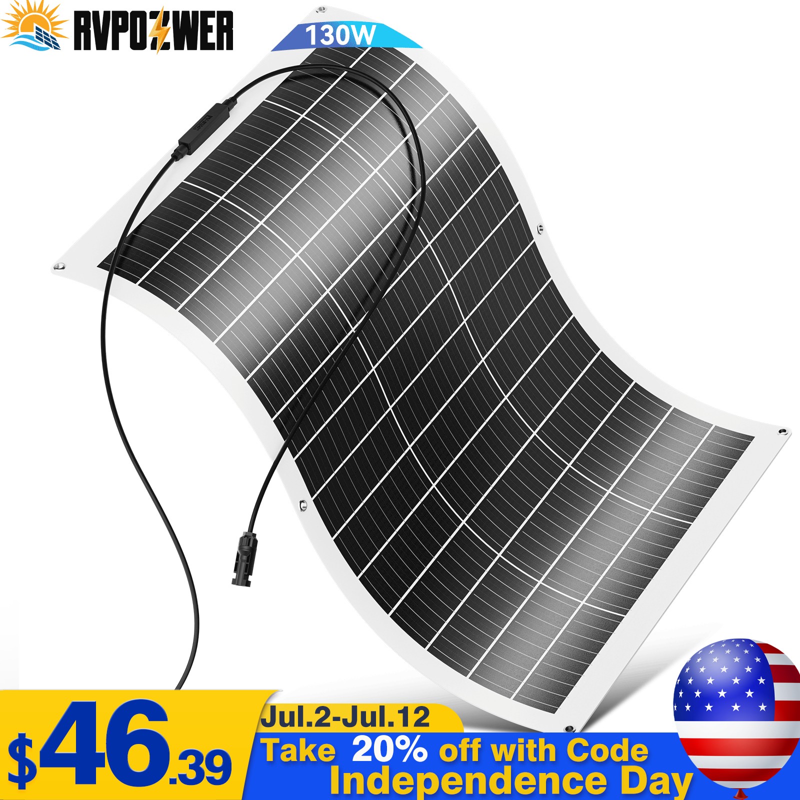 130W Watt Flexible Mono 12BB Solar Panel 12V Volt Car Home Rooftop Camping