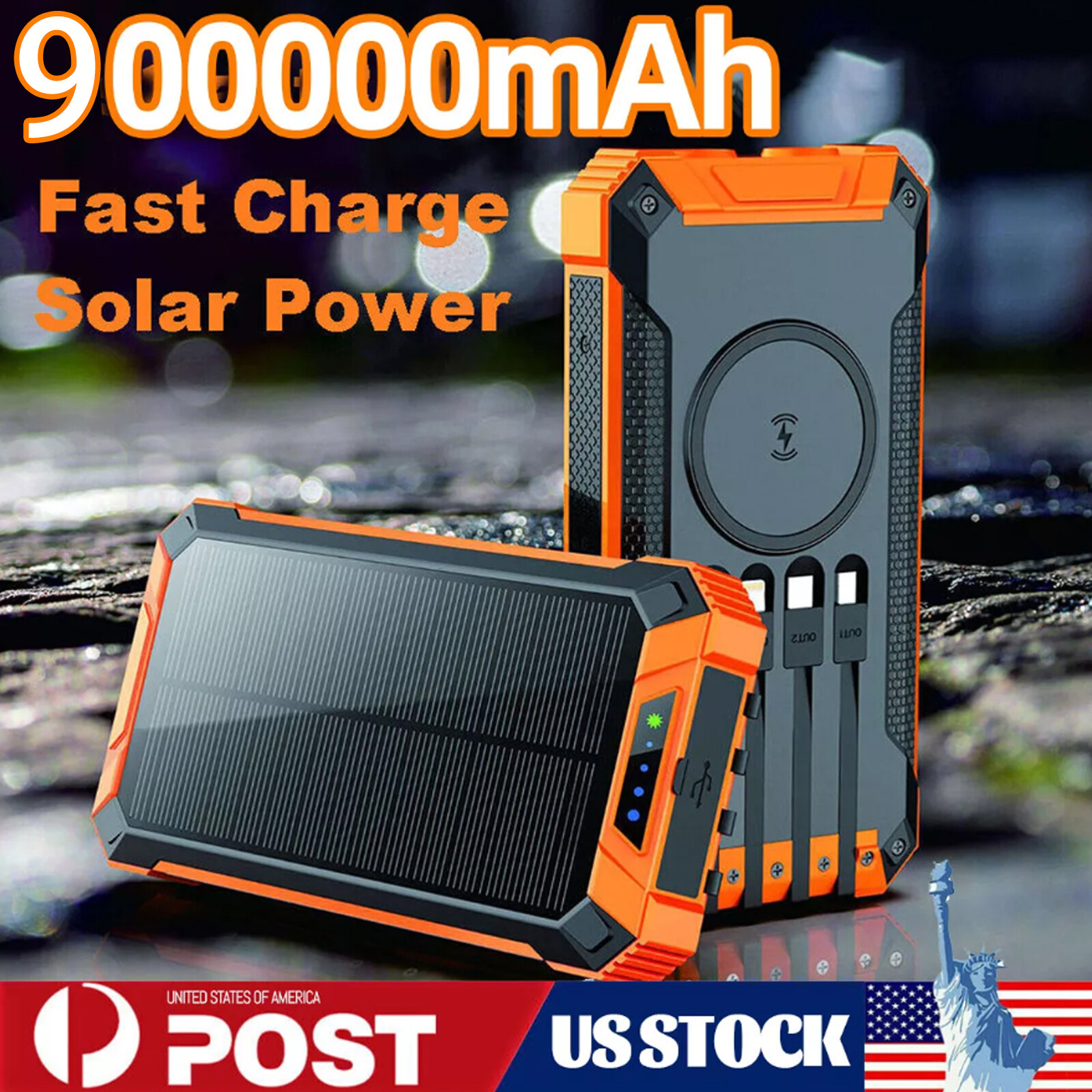 900000mAh Solar Power Bank USB Fast Charging Portable External Battery LED Light