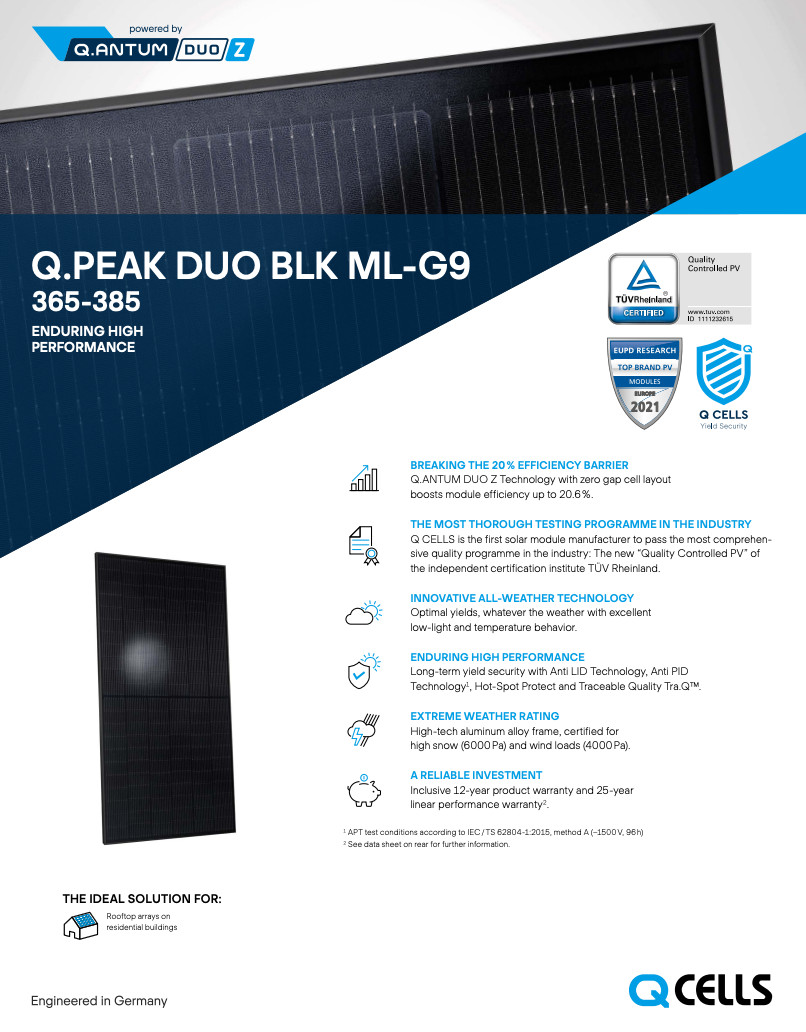 (Pallet of 32) New QCELLS Solar 365 W Solar Panels – Q.PEAK DUO BLK ML-G9 365