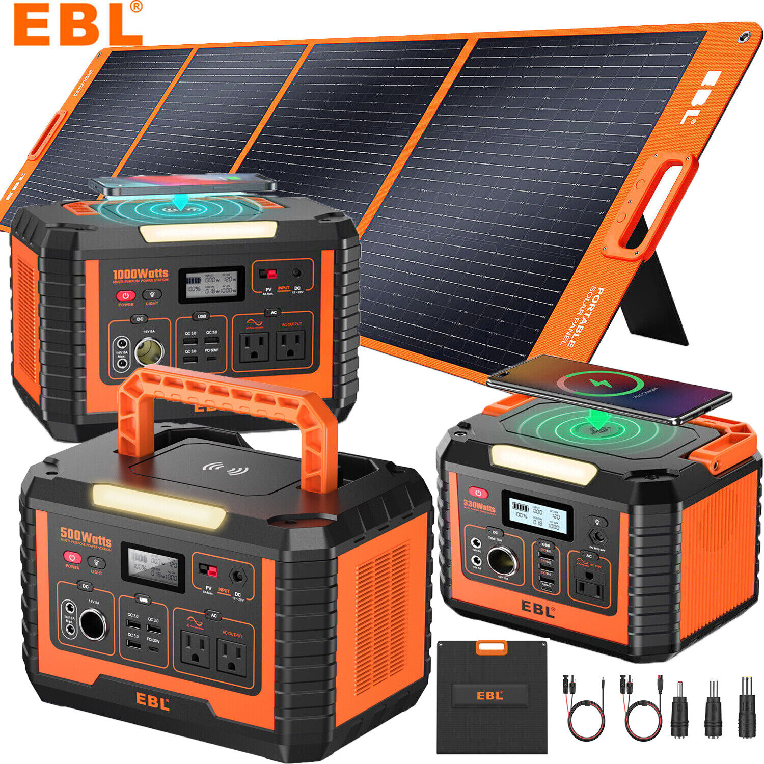 EBL 1000W/ 500W Portable Power Station Solar Generator /Foldable Solar Panel Kit