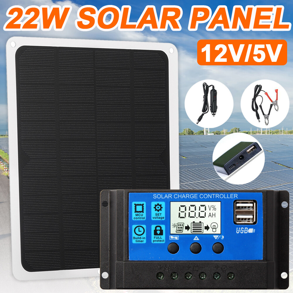 22W Solar Panel Kit 12V Trickle Charger Battery Charger Maintainer Boat RV Car
