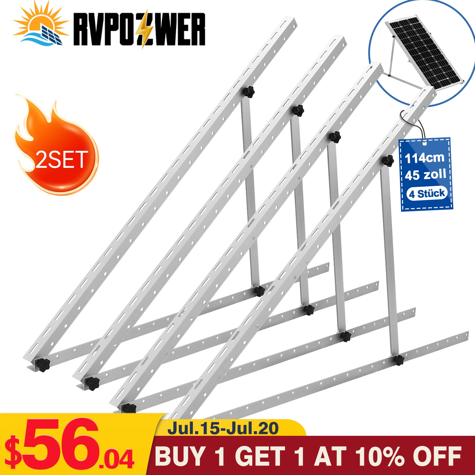 45 inch Adjustable Solar Panel RV Tilt Mount Brackets (2 Set) RV Kit System Flat