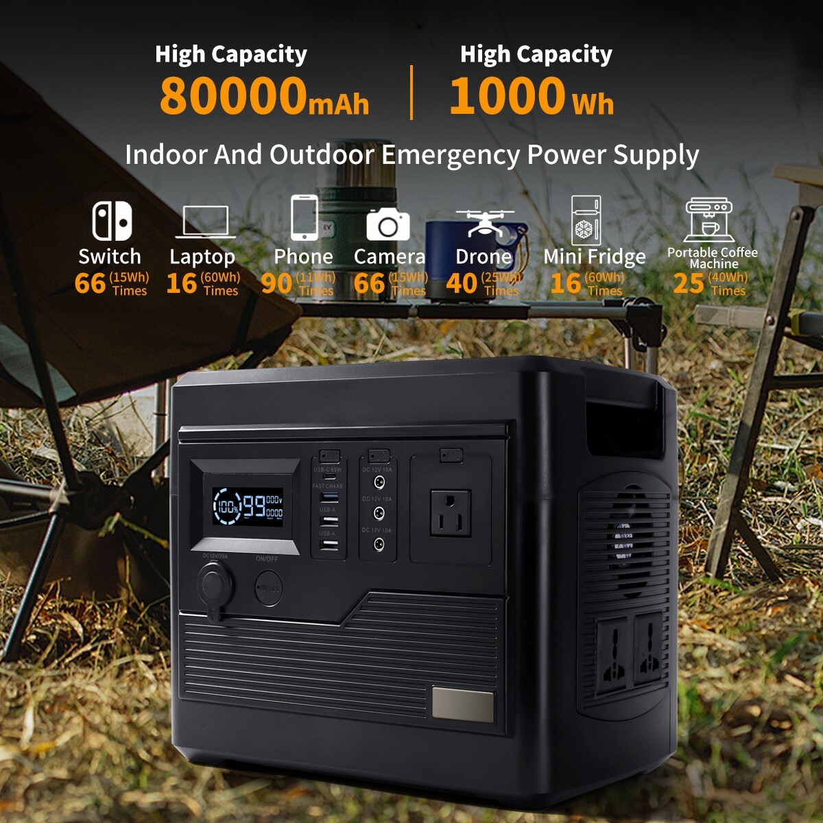 1000Wh Portable Power Station LiFePO4 Solar Generator for Camping RV