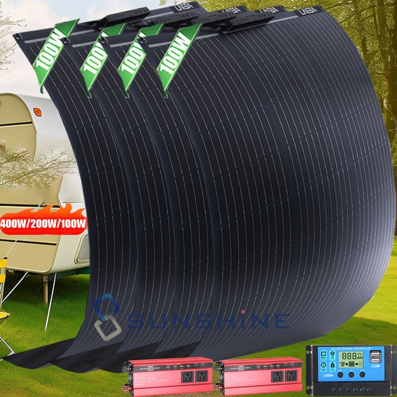 400W Flexible Solar Panel Kit Inverter RV Camper Rooftop Solar Off-Grid System