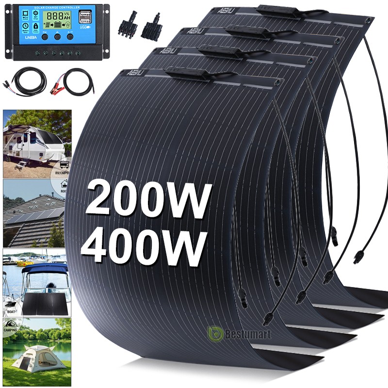 200W 400W 12V Portable Flexible Solar Panel Kit w/Controller RV Camping Off-Grid