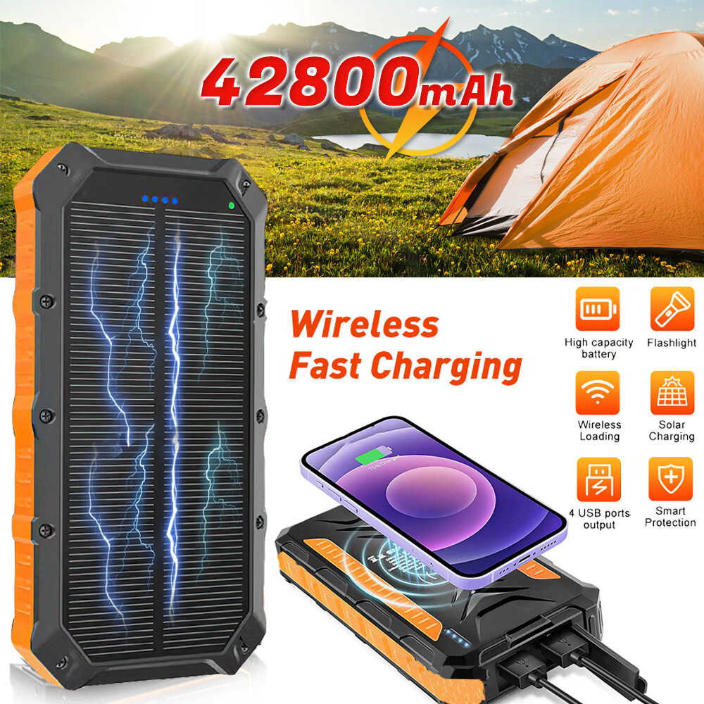 Super 42800mAh 4 USB Portable Charger Solar Power Bank Flashlight for Cell Phone