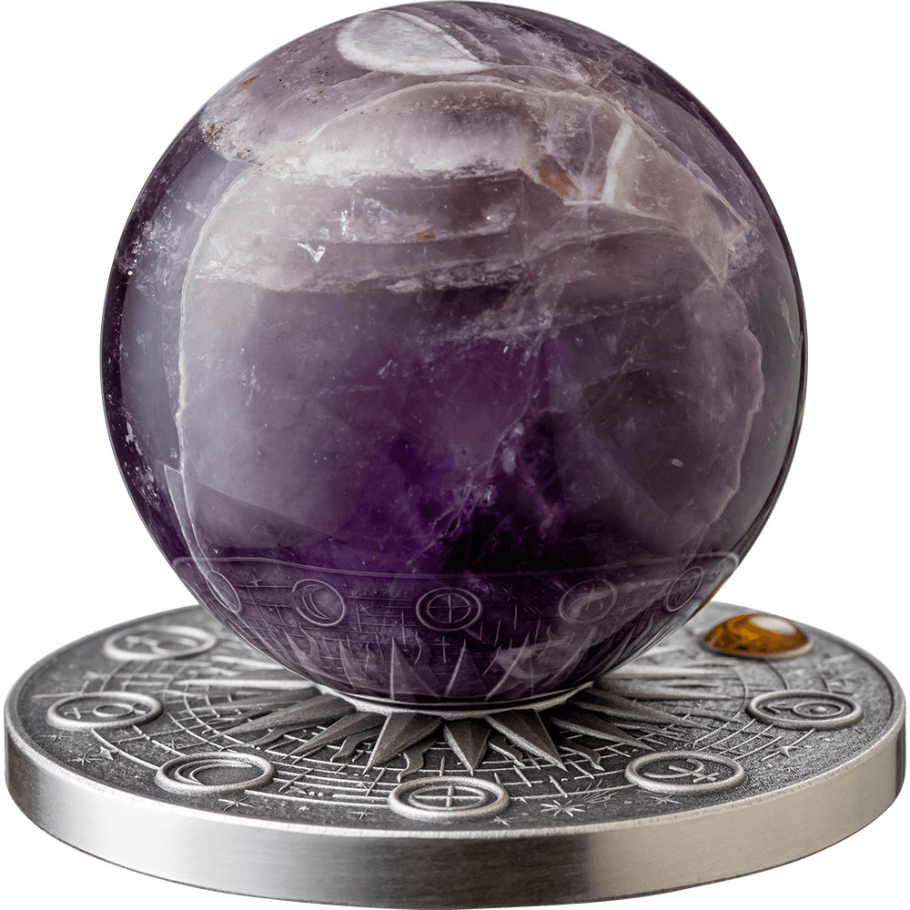 2025 Ghana Solar System Saturn 2 oz Silver Antiqued Amethyst Spherical Coin