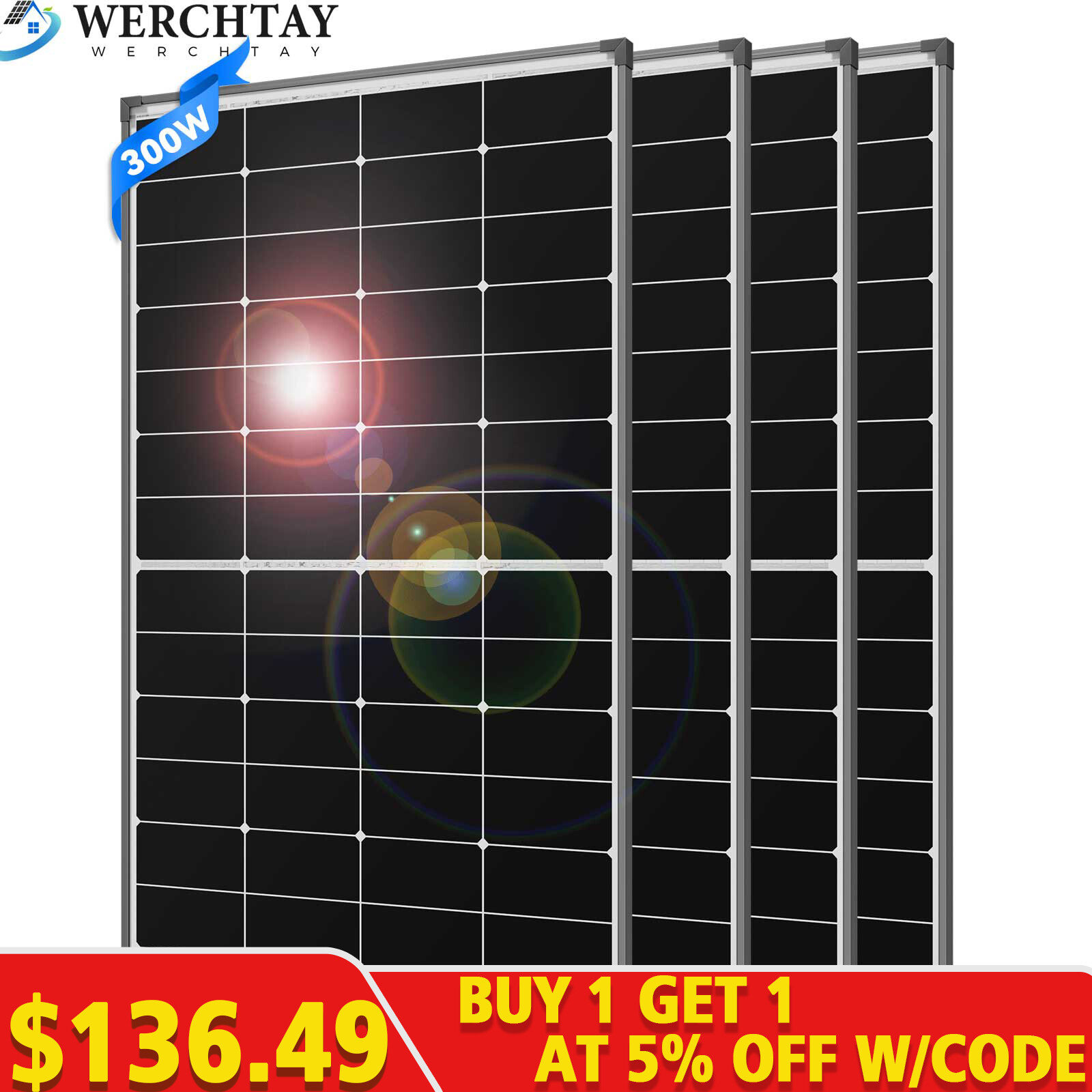 300W 600W 900W 1200W 12V Mono Solar Panel RV Home Camping Off-Grid Power Caravan