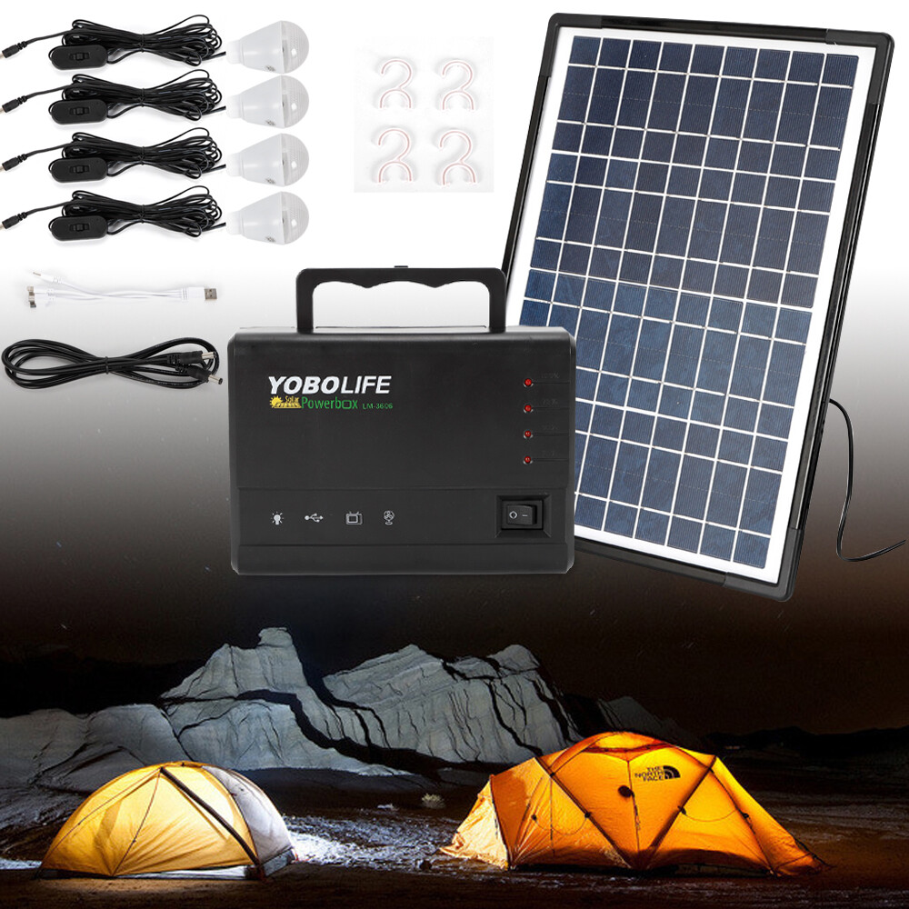 Solar Panel Power Generator Kit Battery Pack Power Station w/ 4 Bulbs Portable