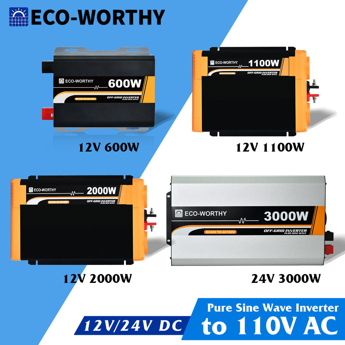 ECO-WORTHY 1000W 2000W 3000W 12V 24V Pure Sine Wave Inverter for Solar Panel Kit