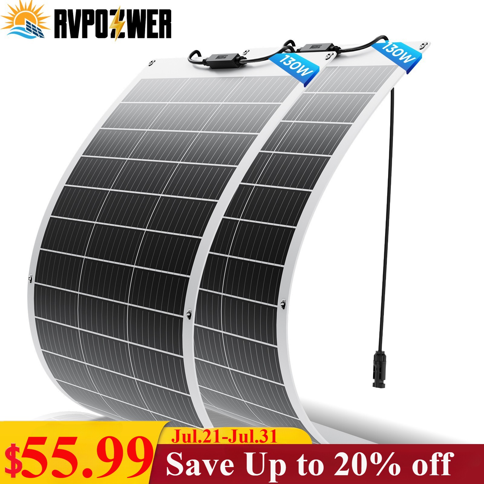 260W Watt Flexible Portable Mono Solar Panel 12V Car RV Rooftop Camping (130W*2)