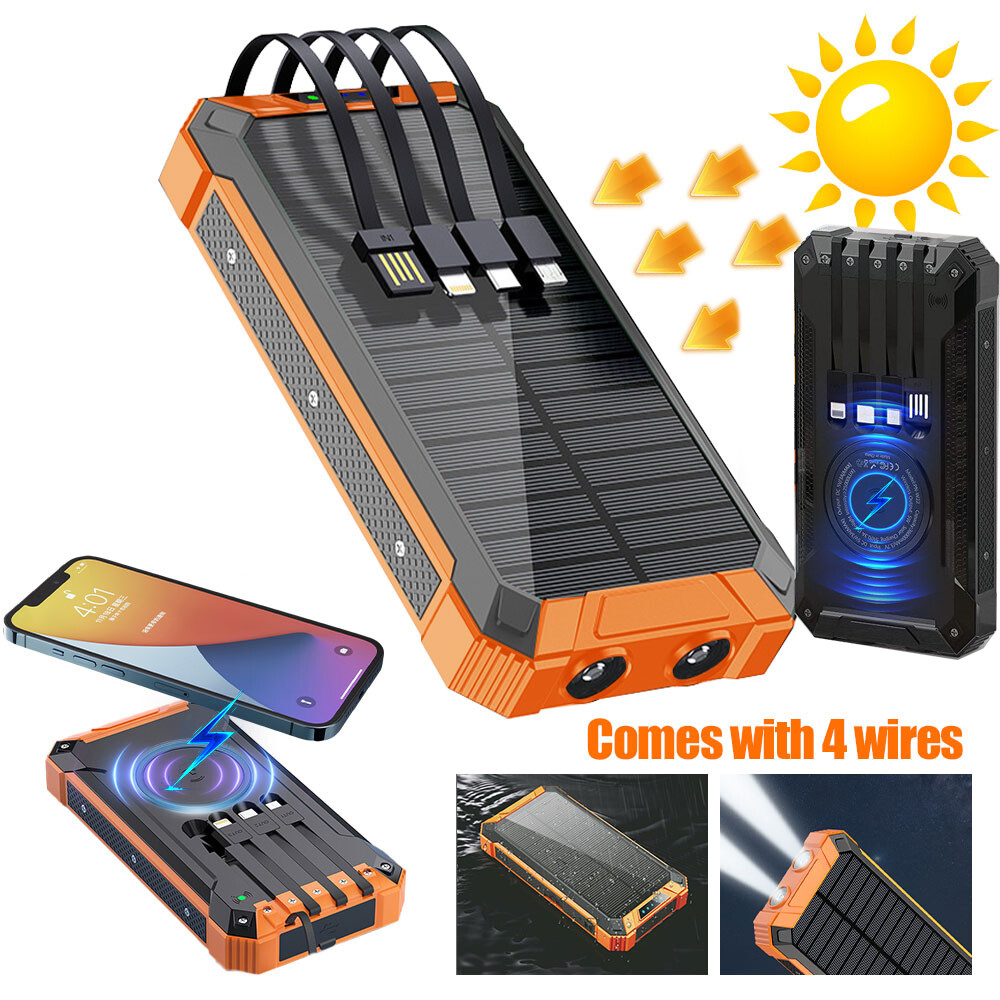 36000mAh Solar Wireless Power Bank Fast Charging w/ 4 Cable Flashlight & Compass