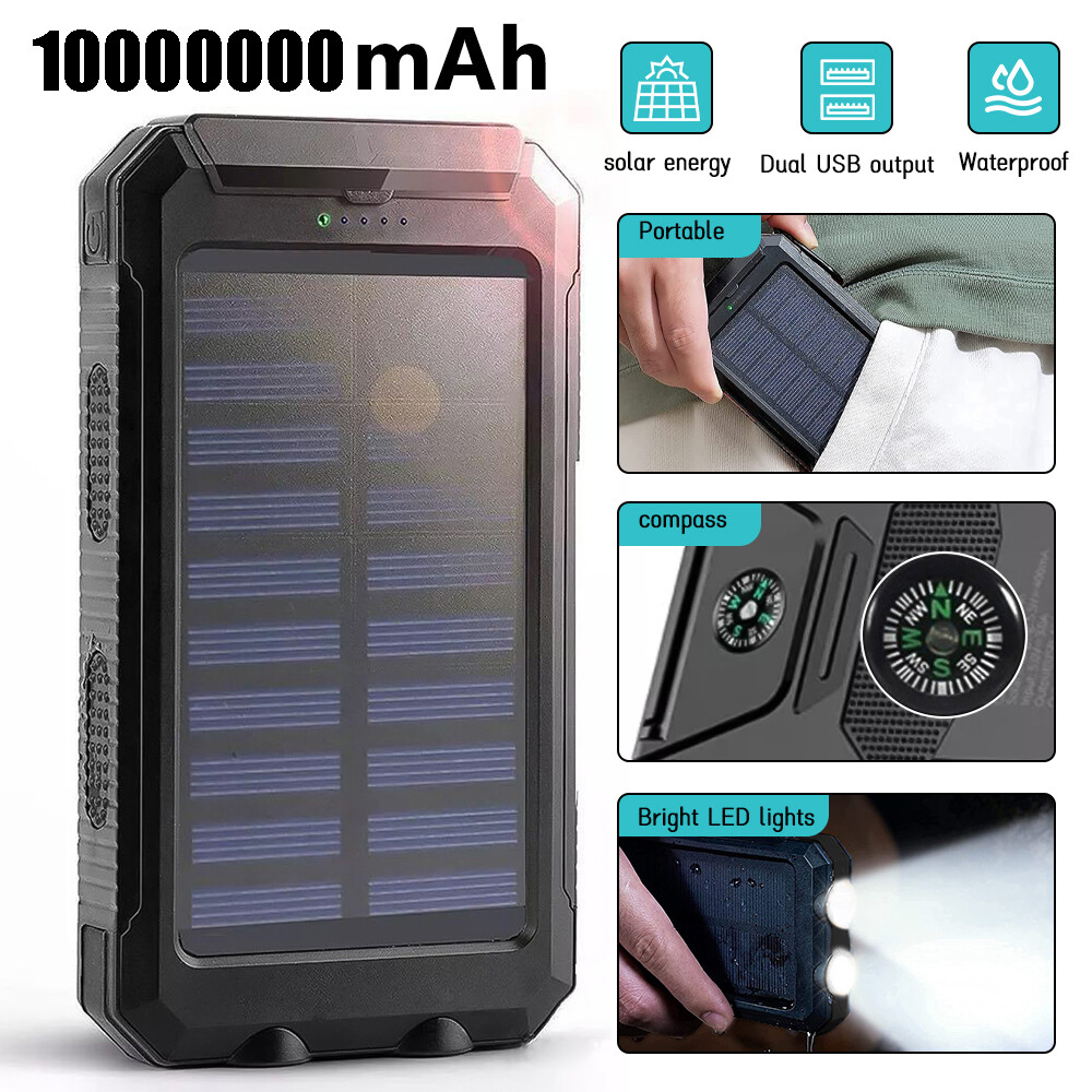2025 Super 10000000mAh Dual USB Portable Charger Solar Power Bank for Cell Phone