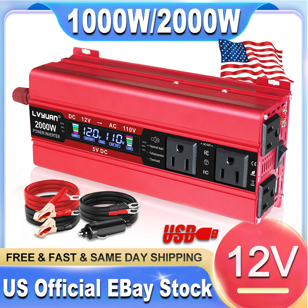 1000W/2000W DC 12V to AC 110V Power Inverter with 4 AC Outlets, 2USB Port 5V DC