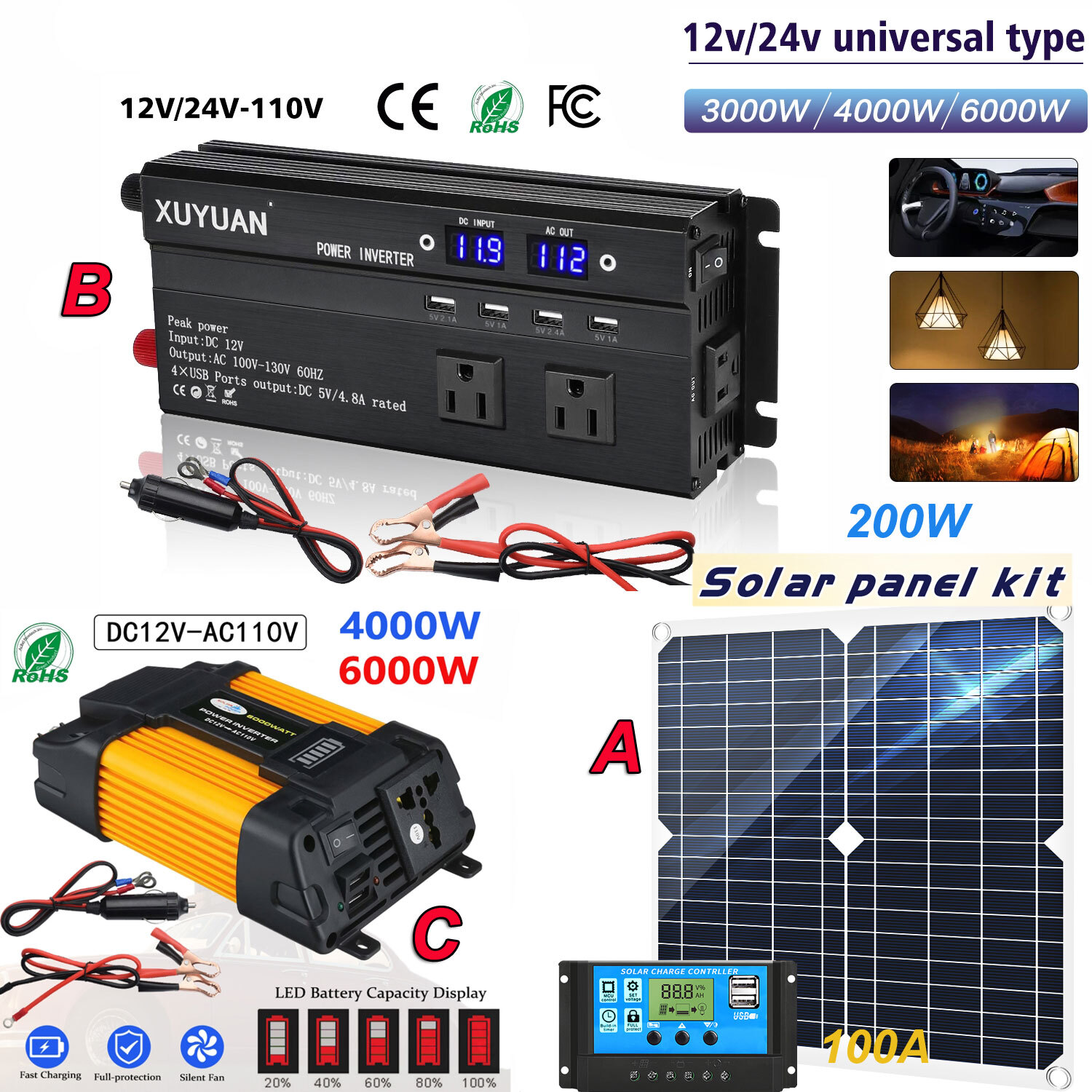 Kit de panel solar completo de 6000W Generador de energía solar 100A Hogar 110V