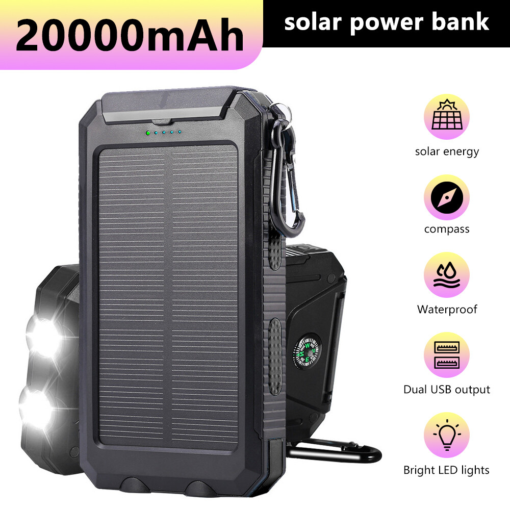 Super 20000mAh Dual USB Portable Charger Solar Power Bank Light for Cell Phone